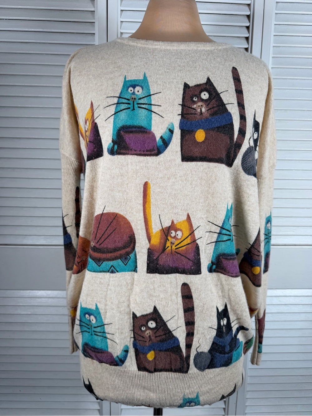 Purplish London Cat Print Oversized Sweater XL Cotton Blend Artsy Novelty